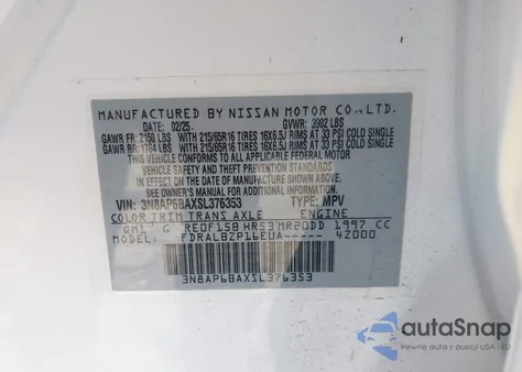 2025 Nissan Kicks S Fwd z USA, uszkodzony, nr VIN 3N8AP6BAXSL376353